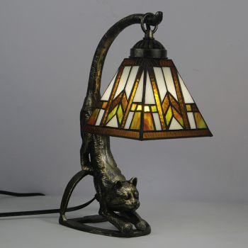 LongHuiJing Tiffany Style Table Lamp Stained Glass Bedside Lamps with Cat Base 15 inch Tall Vintage Antique Nightstand  