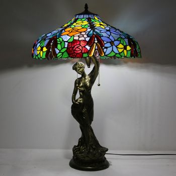 LongHuiJing Tiffany Style Table Lamp Stained Glass Lampshade Flower Bedside Lamp Decorated Lamp 18Inch