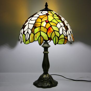 LongHuiJing 12Inch Tiffany Lamp Stained Glass Bedside Table Lamp Leafs Yellow Style Reading Desk Light 18