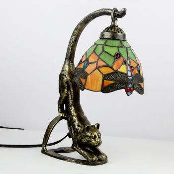 LongHuiJing Tiffany Style Table Lamp Dragonfly Stained Glass Bedside Lamps with Cat Base 15 inch Tall Vintage Antique 