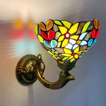 LongHuiJing 8Inch Tiffany Style Wall Lamp Stained Glass LED Wall Sconce Lights Handmade Decor Flush Mount Mirror Light