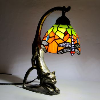 LongHuiJing Tiffany Style Table Lamp Dragonfly Stained Glass Bedside Lamps with Cat Base 15 inch Tall Vintage Antique 