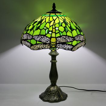 LongHuiJing 12Inch Tiffany Lamp Stained Glass Bedside Table Lamp Dragonfly Green Style Reading Desk Light 18