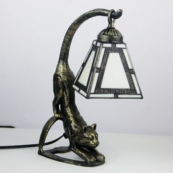 LongHuiJing Tiffany Style Table Lamp Antique Stained Glass Bedside Lamps with Cat Base 15 inch Tall Vintage 