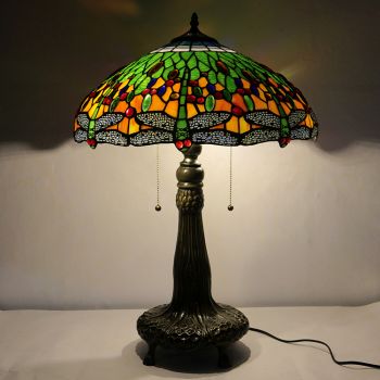 LongHuiJing 18Inch Retro Tiffany Table Lamp Stained Glass Green Dragonfly Lampshade Lights Handmade Glass Desk Lamps