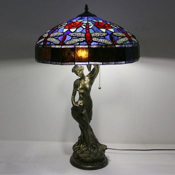 LongHuiJing Tiffany Style Table Lamp Stained Glass Lampshade Rose Bedside Lamp Woman Base Decorated Lamp 16Inch