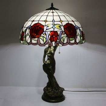 LongHuiJing Tiffany Style Table Lamp Stained Glass Lampshade Flower Bedside Lamp Woman Base Decorated Lamps 19.7Inch