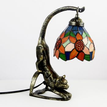 LongHuiJing Tiffany Style Table Lamp Sunflower Stained Glass Bedside Lamps with Cat Base 15 inch Tall Vintage Antique 