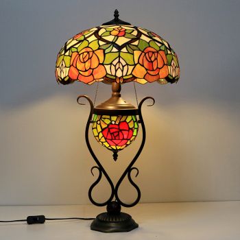 LongHuiJing 16-Inches Yellow Rose Tiffany Style Stained Glass Table Lamp With Double Lit Bedroom Bedside Art Lighting