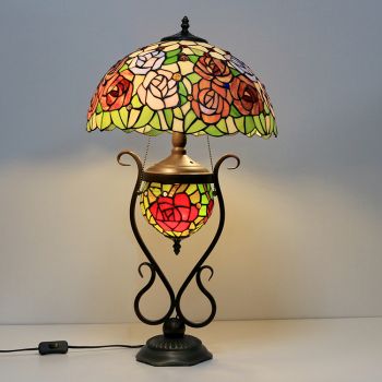 LongHuiJing Tiffany Lamp Stained Glass Table Lamp Red Rose Flower With Double Lit Bedroom Bedside Art Lighting