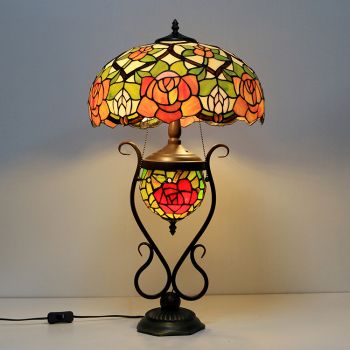 LongHuiJing 16-Inches Yellow Rose Tiffany Style Stained Glass Table Lamp With Double Lit Bedroom Bedside Art Lighting