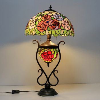 LongHuiJing Tiffany Lamp Stained Glass Table Lamp Red Rose Flower With Double Lit Bedroom Bedside Art Lighting