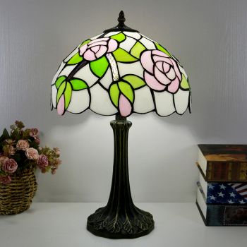 LongHuiJing Tiffany Style Table Lamp 12inch Pink Rose Stained Glass Lampshade Desk Light Creative Art Home Decor