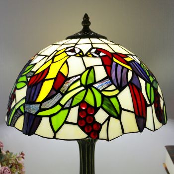 LongHuiJing Tiffany Style Yellow Table Lamp 12inch Stained Glass Birds Lampshade Desk Light Creative Art Home Decor