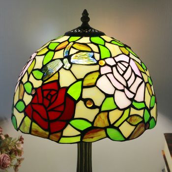 LongHuiJing Tiffany Style Yellow Table Lamp 12inch Flower Stained Glass Lampshade Desk Light Creative Art Home Decor