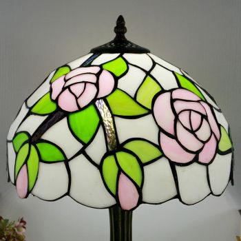 LongHuiJing Tiffany Style Table Lamp 12inch Pink Rose Stained Glass Lampshade Desk Light Creative Art Home Decor