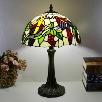 LongHuiJing Tiffany Style Yellow Table Lamp 12inch Stained Glass Birds Lampshade Desk Light Creative Art Home Decor