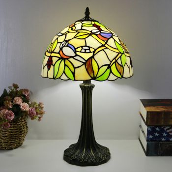LongHuiJing Tiffany Style Table Lamp 12inch Birds Stained Glass Lampshade Desk Light Creative Art Home Decor