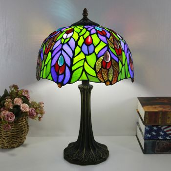 LongHuiJing Tiffany Style Table Lamp 12inch Unique Peacock Stained Glass Lampshade Desk Light Creative Art Home Decor