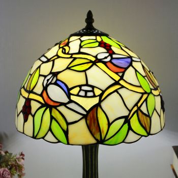 LongHuiJing Tiffany Style Table Lamp 12inch Birds Stained Glass Lampshade Desk Light Creative Art Home Decor