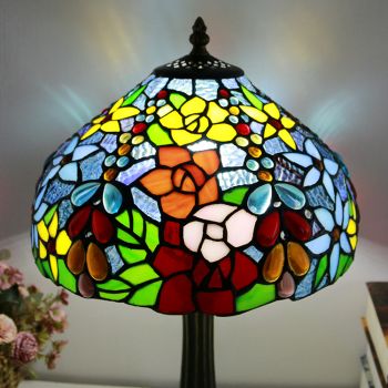LongHuiJing Tiffany Style Table Lamp 12inch Unique Flower Stained Glass Lampshade Desk Light Creative Art Home Decor