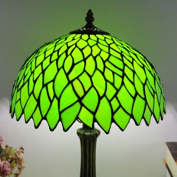 LongHuiJing Tiffany Style Table Lamp 12inch Green Leaf Stained Glass Lampshade Desk Light Creative Art Home Decor