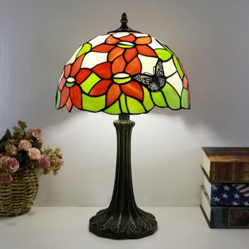 LongHuiJing Tiffany Style Table Lamp 12inch Butterfly Flower Stained Glass Lampshade Desk Light Creative Art Home Decor