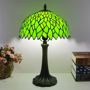 LongHuiJing Tiffany Style Table Lamp 12inch Green Leaf Stained Glass Lampshade Desk Light Creative Art Home Decor