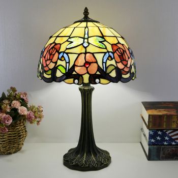 LongHuiJing Tiffany Style Table Lamp 12inch Red Flower Stained Glass Lampshade Desk Light Creative Art Home Decor