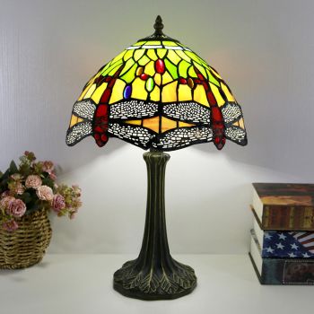 LongHuiJing Tiffany Style Table Lamp 12inch Red Dragonfly Stained Glass Lampshade Desk Light Creative Art Home Decor
