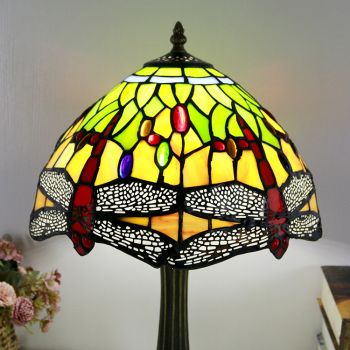 LongHuiJing Tiffany Style Table Lamp 12inch Red Dragonfly Stained Glass Lampshade Desk Light Creative Art Home Decor