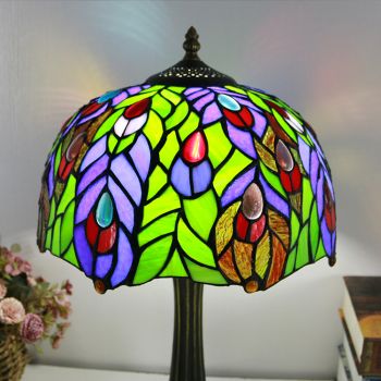 LongHuiJing Tiffany Style Table Lamp 12inch Unique Peacock Stained Glass Lampshade Desk Light Creative Art Home Decor