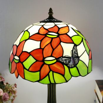 LongHuiJing Tiffany Style Table Lamp 12inch Butterfly Flower Stained Glass Lampshade Desk Light Creative Art Home Decor