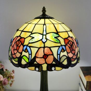 LongHuiJing Tiffany Style Table Lamp 12inch Red Flower Stained Glass Lampshade Desk Light Creative Art Home Decor