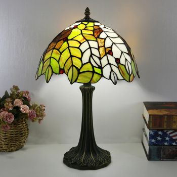 LongHuiJing Tiffany Style Table Lamp 12inch Unique Leaf Stained Glass Lampshade Desk Light Creative Art Home Decor
