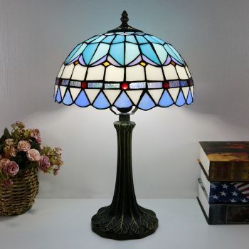 LongHuiJing Tiffany Style Table Lamp 12inch Blue Stained Glass Lampshade Desk Light Creative Art Home Decor