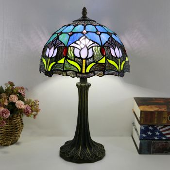 LongHuiJing Tiffany Style Table Lamp 12inch Tulip Flower Stained Glass Lampshade Desk Light Creative Art Home Decor