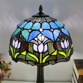 LongHuiJing Tiffany Style Table Lamp 12inch Tulip Flower Stained Glass Lampshade Desk Light Creative Art Home Decor