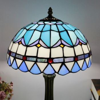LongHuiJing Tiffany Style Table Lamp 12inch Blue Stained Glass Lampshade Desk Light Creative Art Home Decor