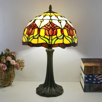 LongHuiJing Tiffany Style Table Lamp 12inch Red Tulip Flower Stained Glass Lampshade Desk Light Creative Art Home Decor