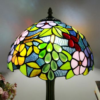 LongHuiJing Tiffany Style Table Lamp 12inch Vintage Grape Stained Glass Lampshade Desk Light Creative Art Home Decor