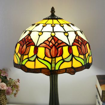 LongHuiJing Tiffany Style Table Lamp 12inch Red Tulip Flower Stained Glass Lampshade Desk Light Creative Art Home Decor