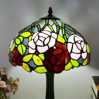 LongHuiJing Tiffany Style Table Lamp 12inch Red Rose Flower Stained Glass Lampshade Desk Light Creative Art Home Decor
