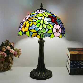 LongHuiJing Tiffany Style Table Lamp 12inch Vintage Grape Stained Glass Lampshade Desk Light Creative Art Home Decor