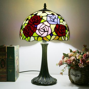 LongHuiJing Tiffany Style Table Lamp 12inch Rose Flower Stained Glass Lampshade Desk Light Creative Art Home Decor
