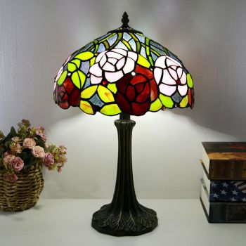LongHuiJing Tiffany Style Table Lamp 12inch Red Rose Flower Stained Glass Lampshade Desk Light Creative Art Home Decor