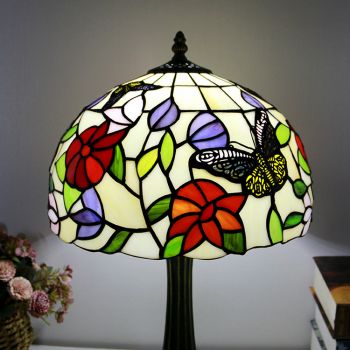 LongHuiJing Tiffany Style Table Lamp 12inch Butterfly Flower Stained Glass Lampshade Desk Light Creative Art Home Decor