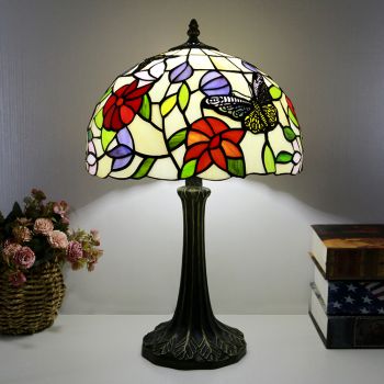 LongHuiJing Tiffany Style Table Lamp 12inch Butterfly Flower Stained Glass Lampshade Desk Light Creative Art Home Decor