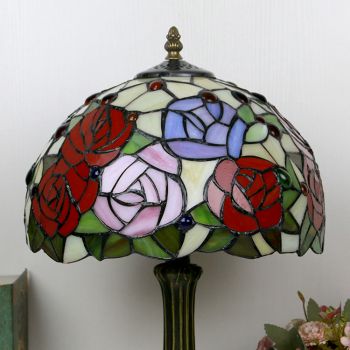 LongHuiJing Tiffany Style Table Lamp 12inch Rose Flower Stained Glass Lampshade Desk Light Creative Art Home Decor