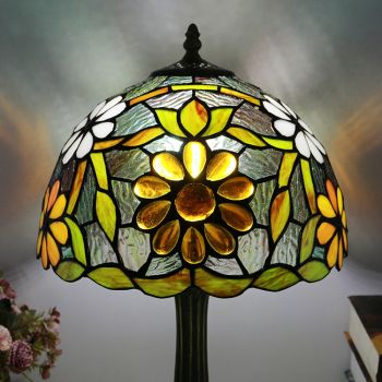 LongHuiJing Tiffany Style Table Lamp 12inch Vintage Flower Stained Glass Lampshade Desk Light Creative Art Home Decor